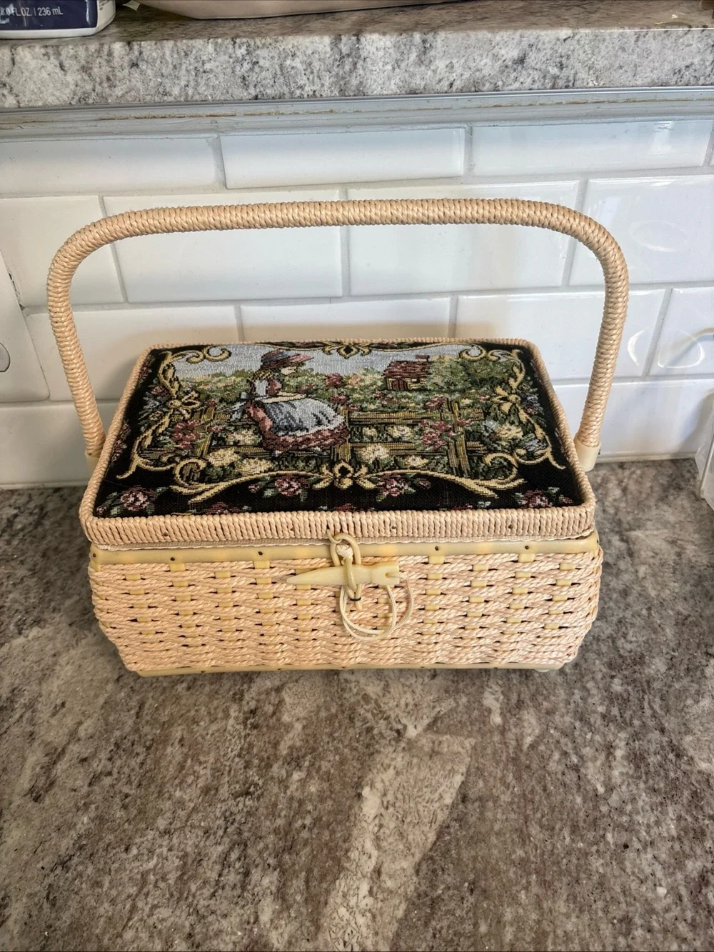 Vintage Azar Sewing Basket Tapestry, Wicker- Full Of Sewing Supplies- W/ Handle